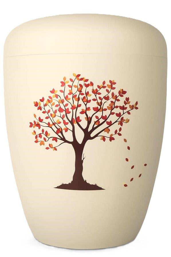 Bio-Urne cremeweiss mit Herbstbaum Motiv