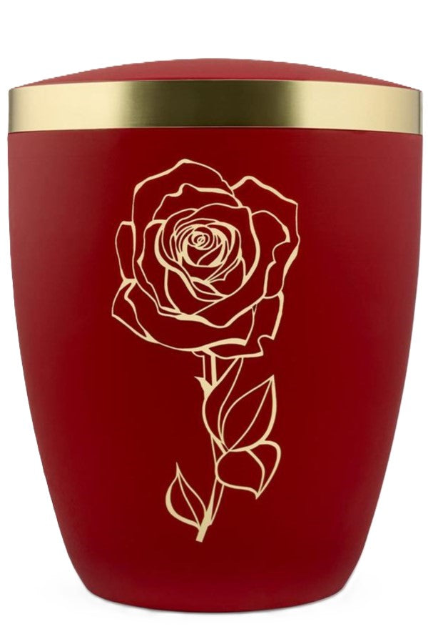 Bio-Urne rot mit Rosenmotiv und Goldband