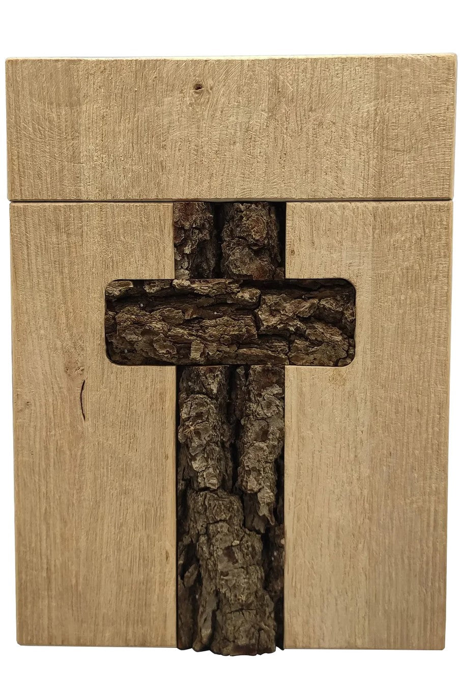 Holzurne mit eingebettetes Kreuz aus Rinde