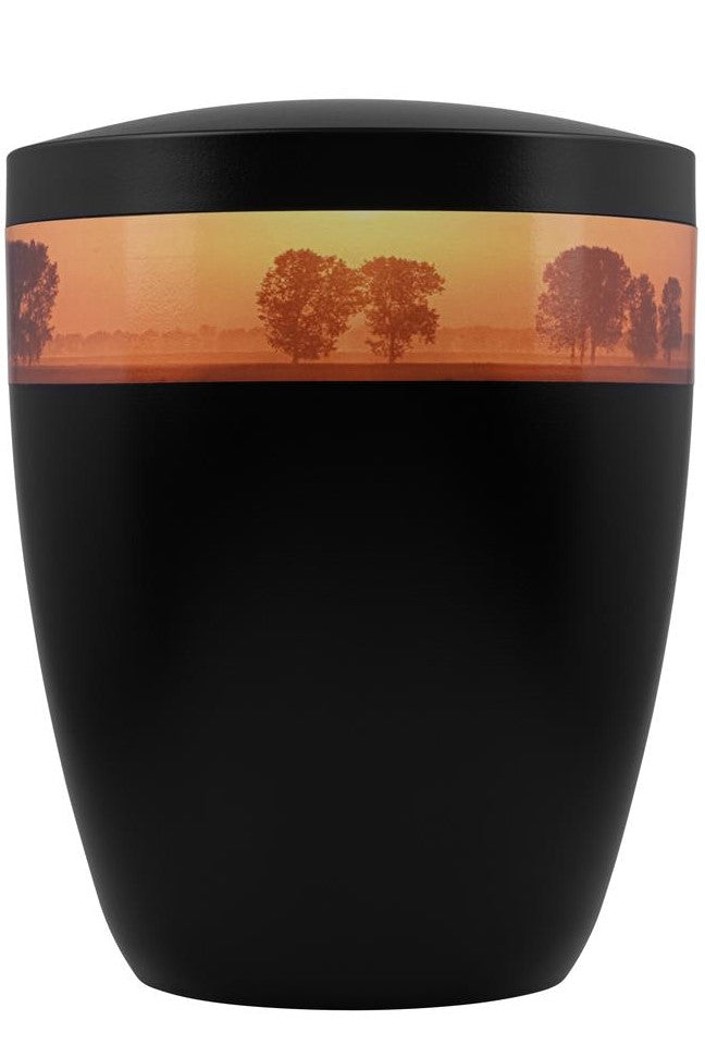 Bio-Urne schwarz mit Motivband, Sonnenuntergang