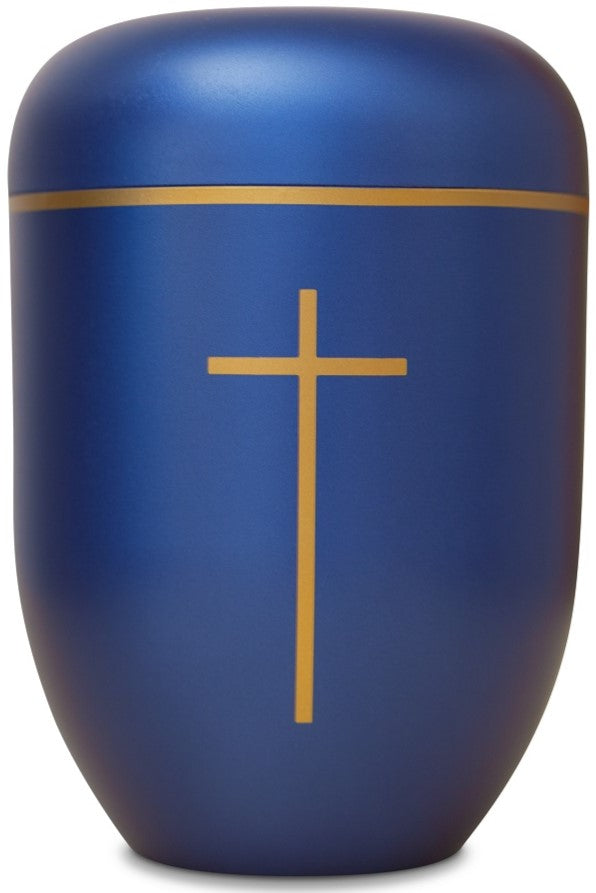 Bio-Urne in blau mit Kreuz und Goldband