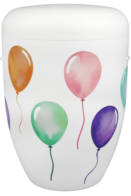 Bio-Urne weiss mit Luftballons zur individuellen Beschriftung