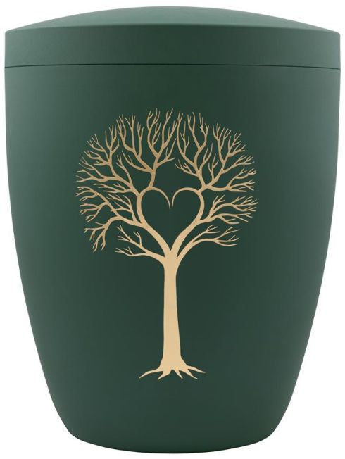 Bio-Urne kieferngrün mit Motiv Herzbaum