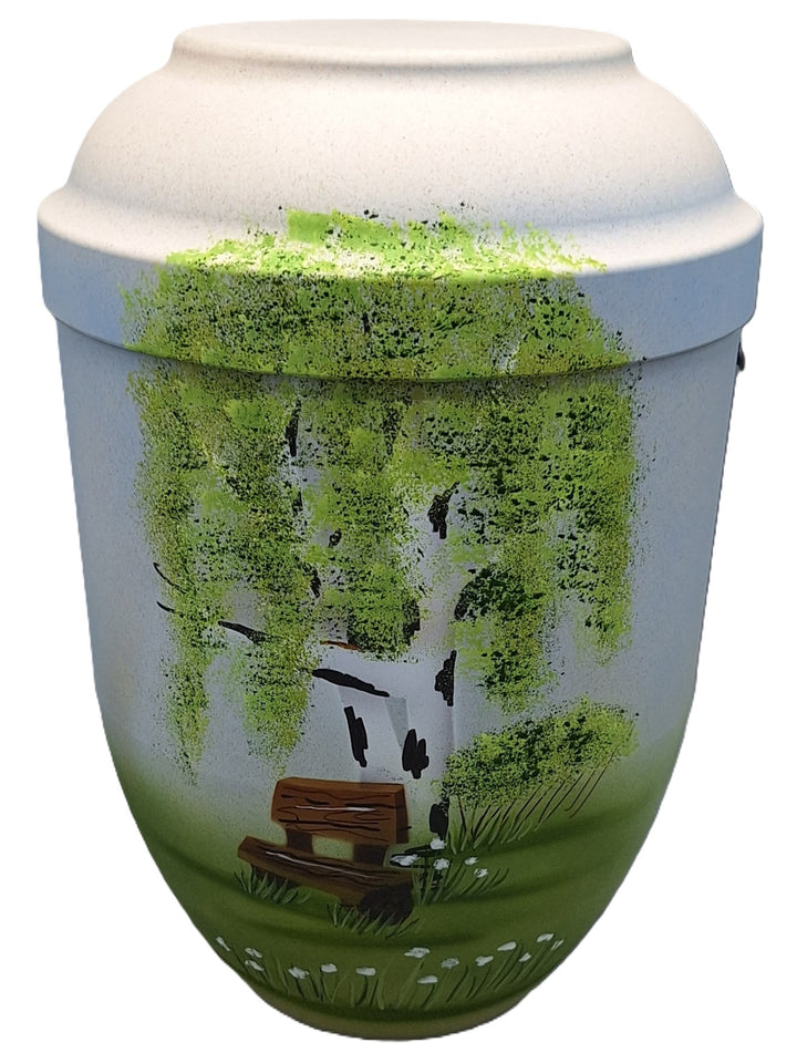 Bio-Urne handbemalt, Baum, Bank, Birke