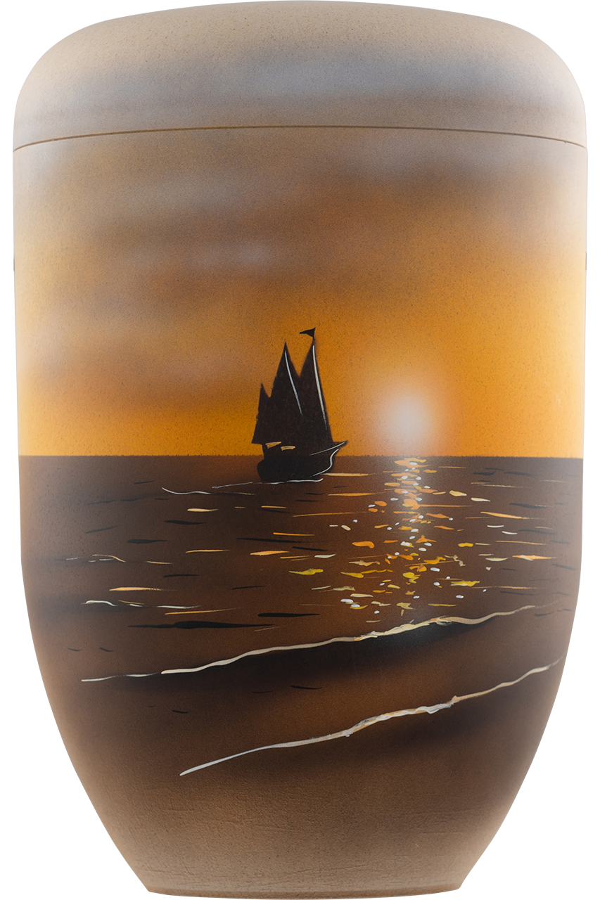 Bio-Urne sandfarben, Schiff im Sonnenuntergang