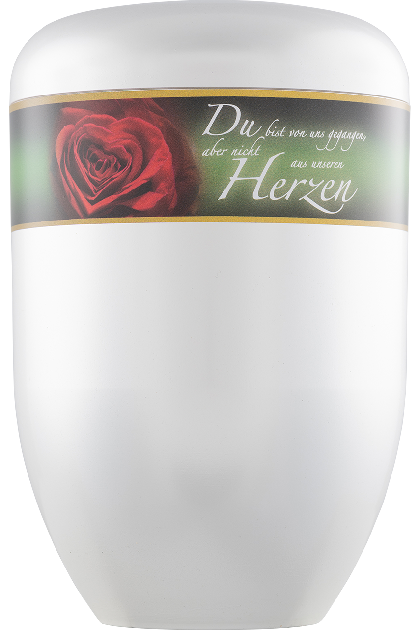 Bio-Urne weiß, Dekorband Rose/Text