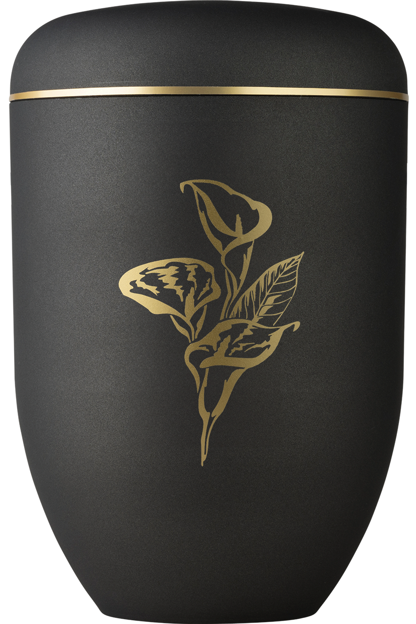 Bio-Urne in anthrazit mit Goldband und Calla