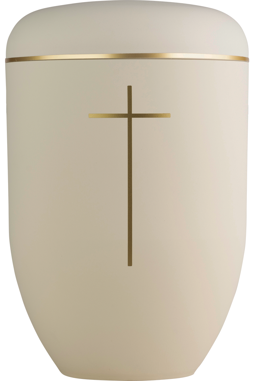 Bio-Urne sandbeige mit Kreuz und Goldband
