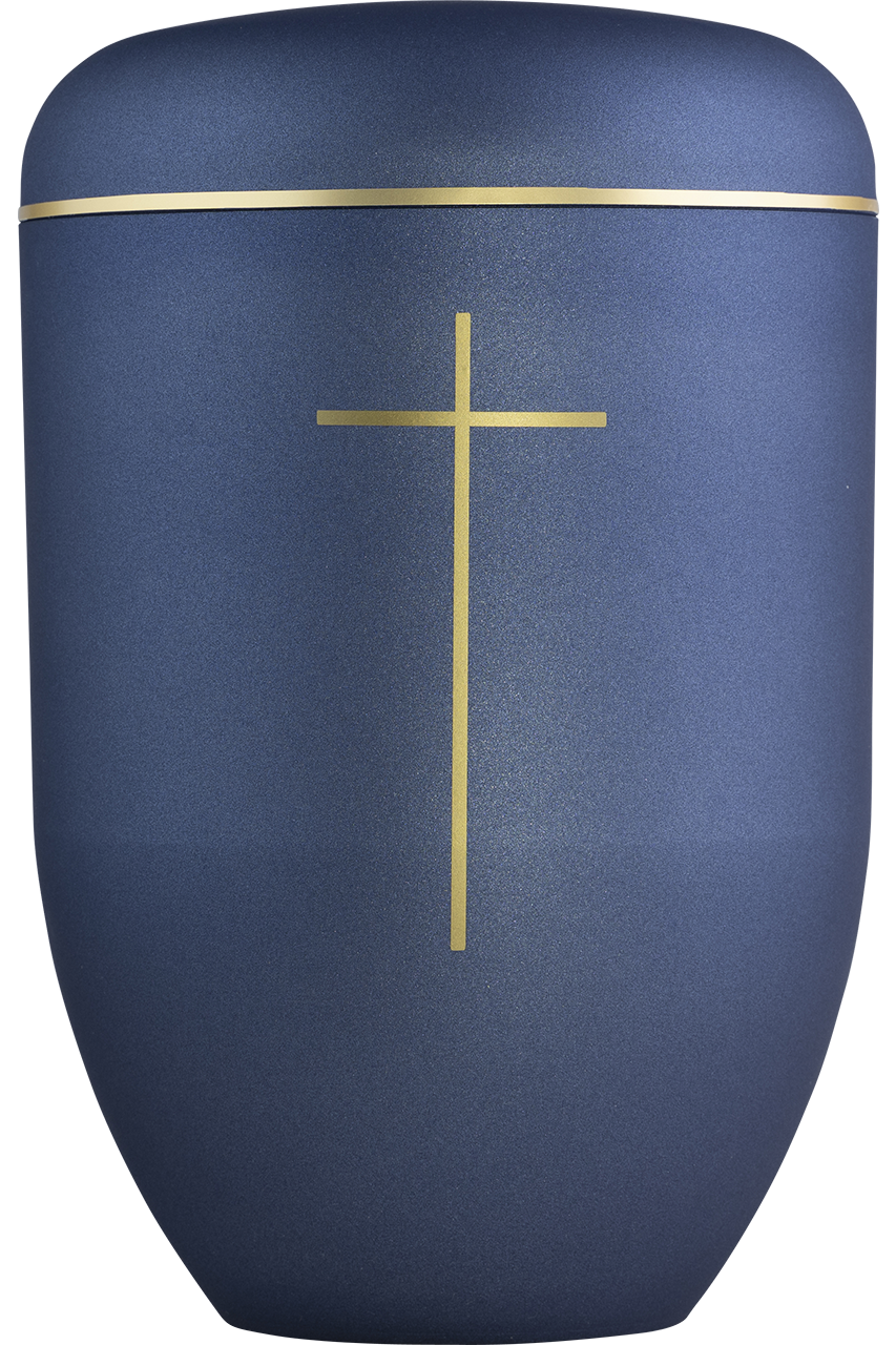 Bio-Urne blau mit Kreuz und Goldband