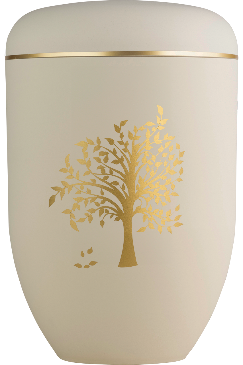 Bio-Urne sandbeige mit Baummotiv in gold