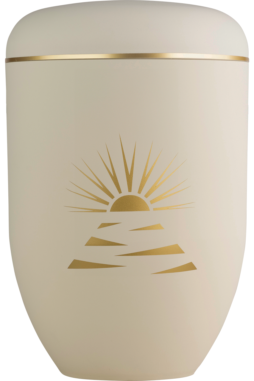Bio-Urne in sandbeige mit Goldband und Motiv Sonnenuntergang