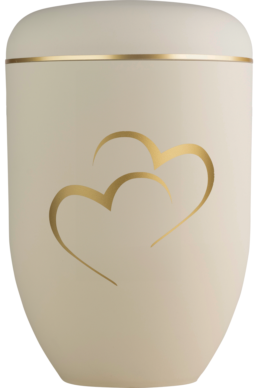 Bio-Urne sandbeige mit Goldband und Herzen-Motiv