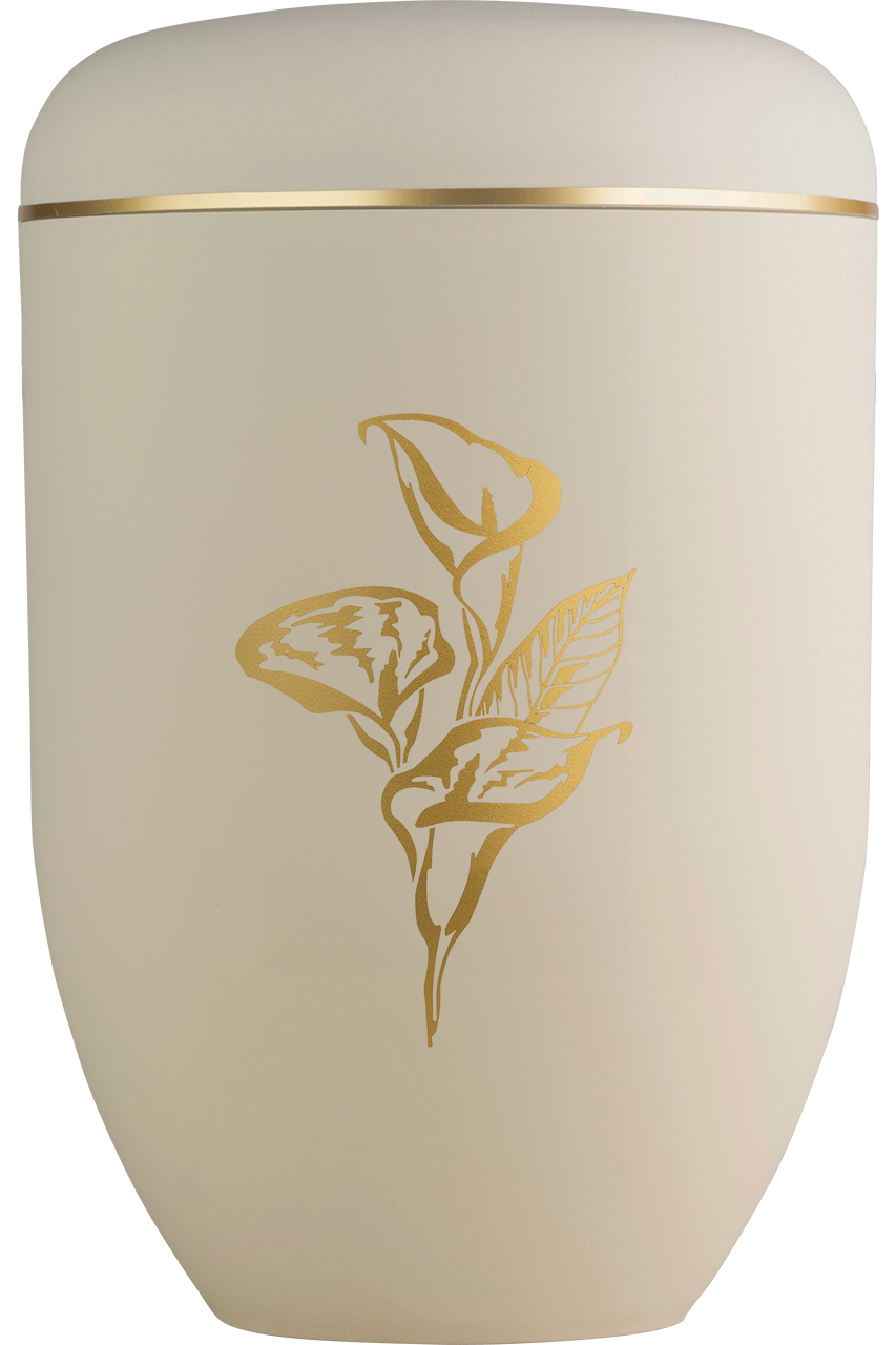 Bio-Urne in sandbeige mit Goldband und Calla