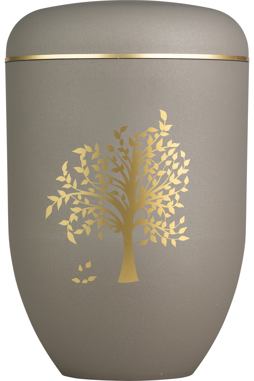 Bio-Urne teakfarben mit Motiv Baum gold