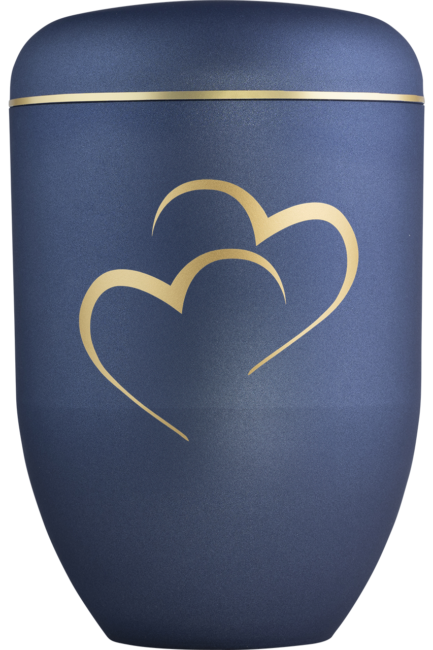 Bio-Urne in blau mit Goldband und Motiv Herzen