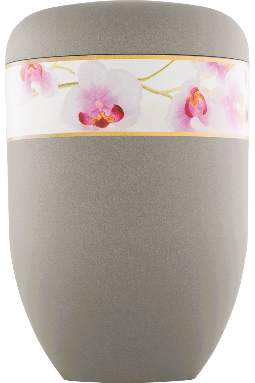 Bio-Urne samtgrau, Dekorband Orchideen