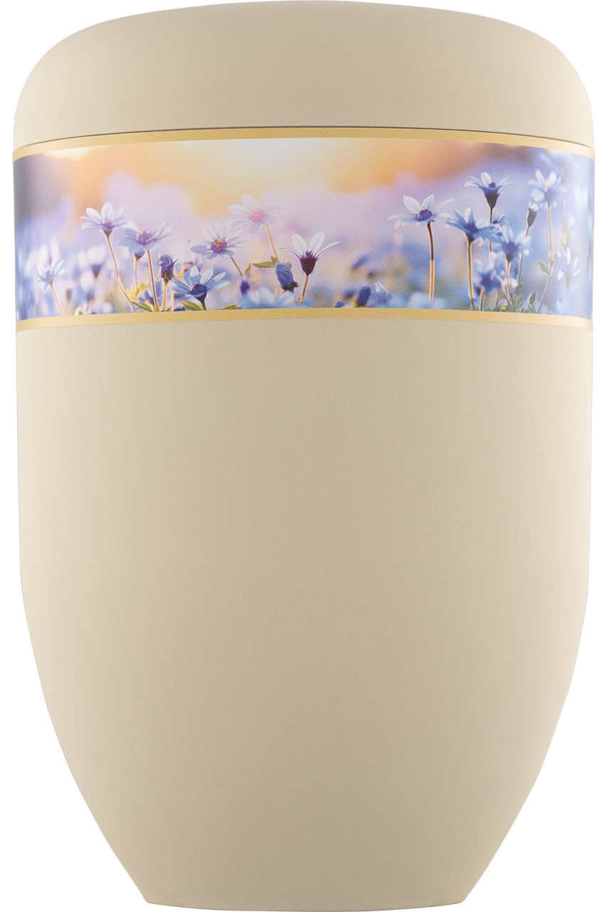 Bio-Urne sandbeige mit Dekorband Blumenfeld
