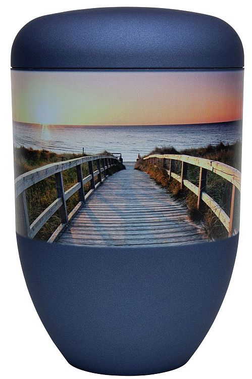 Urne Bio blau mit Motiv Weg zum Meer