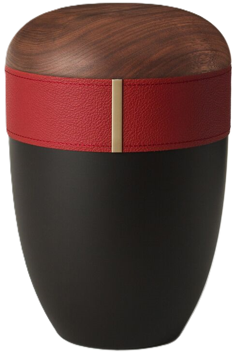 Bio-Urne anthrazit mit Echtholzdeckel, Glatttlederband bordeaux