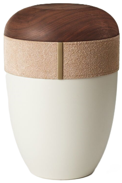 Bio-Urne cremeweiss mit Echtholzdeckel, Wildlederband caramel