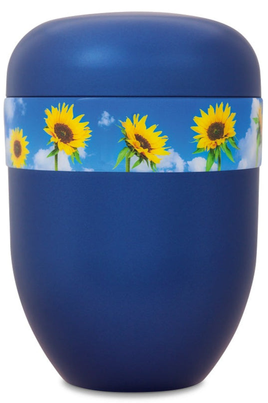 Bio-Urne blau Dekorband Sonnenblumen