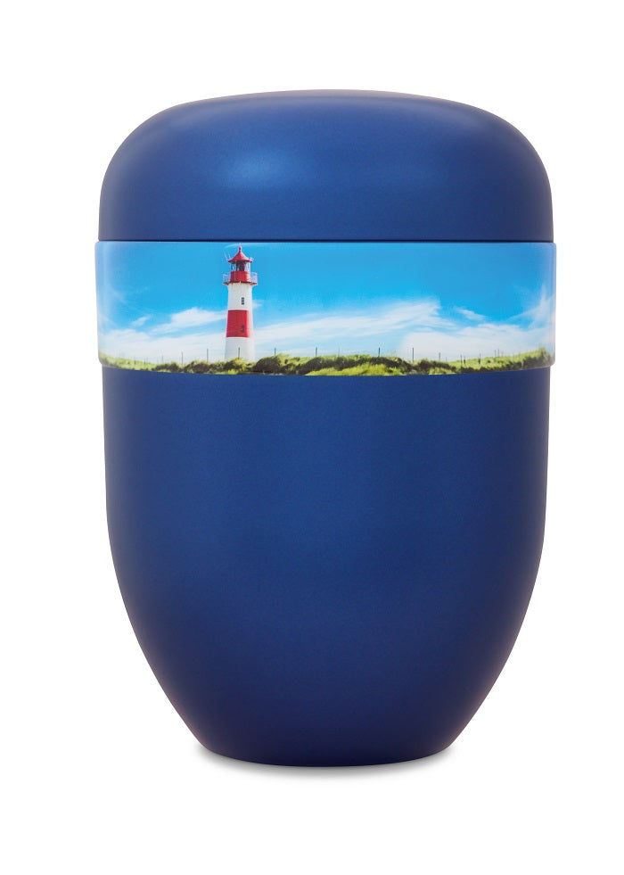 Biourne blau mit Motiv Leuchtturm