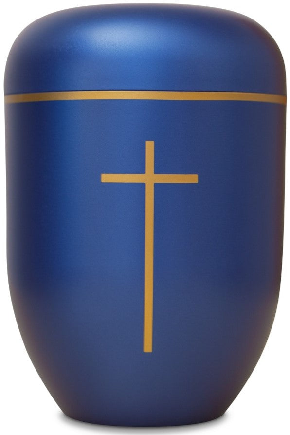 Bio-Urne blau, goldenes Kreuz und Goldband