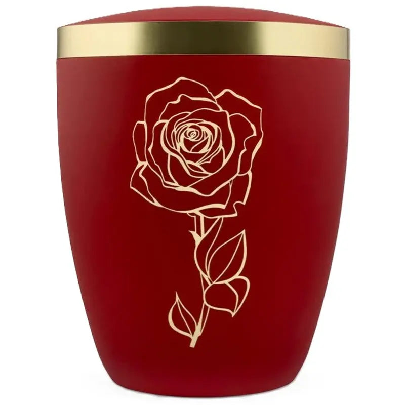 Rote Urne mit goldenem Rosenmotiv und breitem Goldband am Deckel